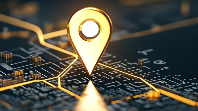 A gold map pin icon positioned on a digital map background, highlighting a location in a modern urban layout.