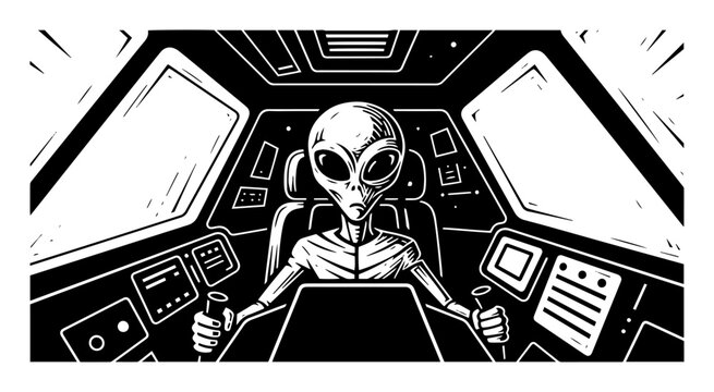 Vector alien piloting spaceship black and white