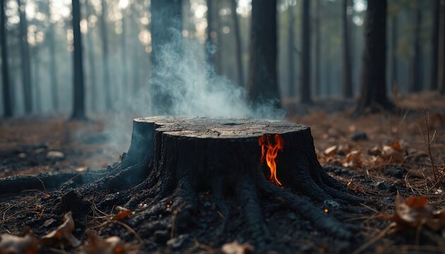 Smoldering tree stump detail after forest fire. Smoke rises, flame burns in charred wood. Nature destruction, environmental impact concept. Deforestation, climate change, wildfire consequences.