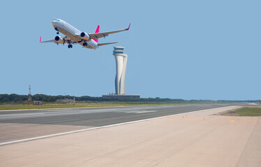 White Passenger plane fly up over take-off runway from airport - istanbul Airport, istanbul