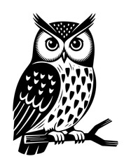 high contrast vector of an owl sitting on a branch, perfect for educational wildlife posters, logo design, or forest-themed branding
