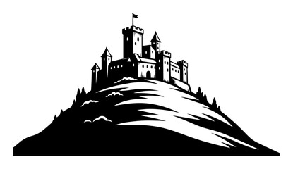 Majestic hilltop castle silhouette with fluttering banners on steep slope, minimalist medieval landmark in black-and-white vector © Luka