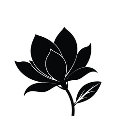 Elegant magnolia flower silhouette vector, smooth rounded petals, floral design, nature art, minimalistic black flower graphic illustration