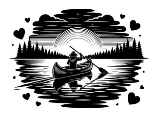 romantic black and white vector of a canoeist on a lake at sunset with heart symbols &ndash; ideal for love-themed gifts, travel blogs or adventure branding