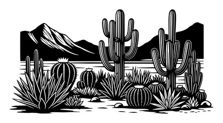 detailed desert landscape with various cacti and distant mountains, vintage black and white style &ndash; great for western themes, eco packaging or educational maps
