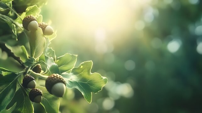 Sunlit Acorn Branch Closeup Nature Photography