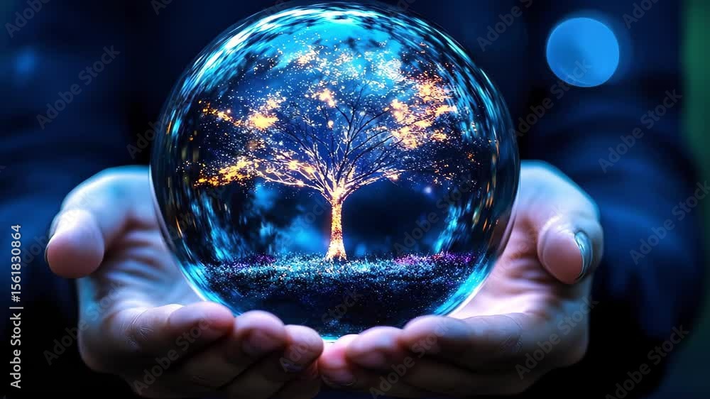 Poster a glowing tree inside a crystal orb held by hands, creating a magical and serene atmosphere.