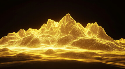 A yellow mountain range made of a digital wireframe mesh against a black background, 3D, abstract and futuristic style, low-poly design, high resolution, extreme wide shot