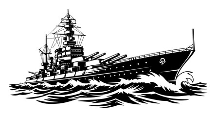 Battleship at sea vector engraving – heavy warship cutting through ocean waves during patrol © Luka