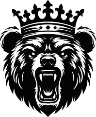 silhouette angry bear head with crown vector logo isolated on white background