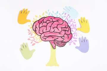 ADHD, attention deficit hyperactivity disorder, mental health, colorful hands of child, brain tree with cognitive difficulty