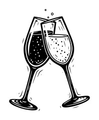two clinking champagne glasses in black and white retro vector celebration scene