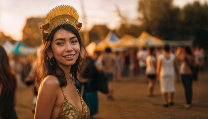 Young Asian woman in gold festival outfit with ornate headpiece at outdoor cultural event. Boho fashion. Sunset crowd. Summer celebration. Branding. Lifestyle banner. Editorial use.