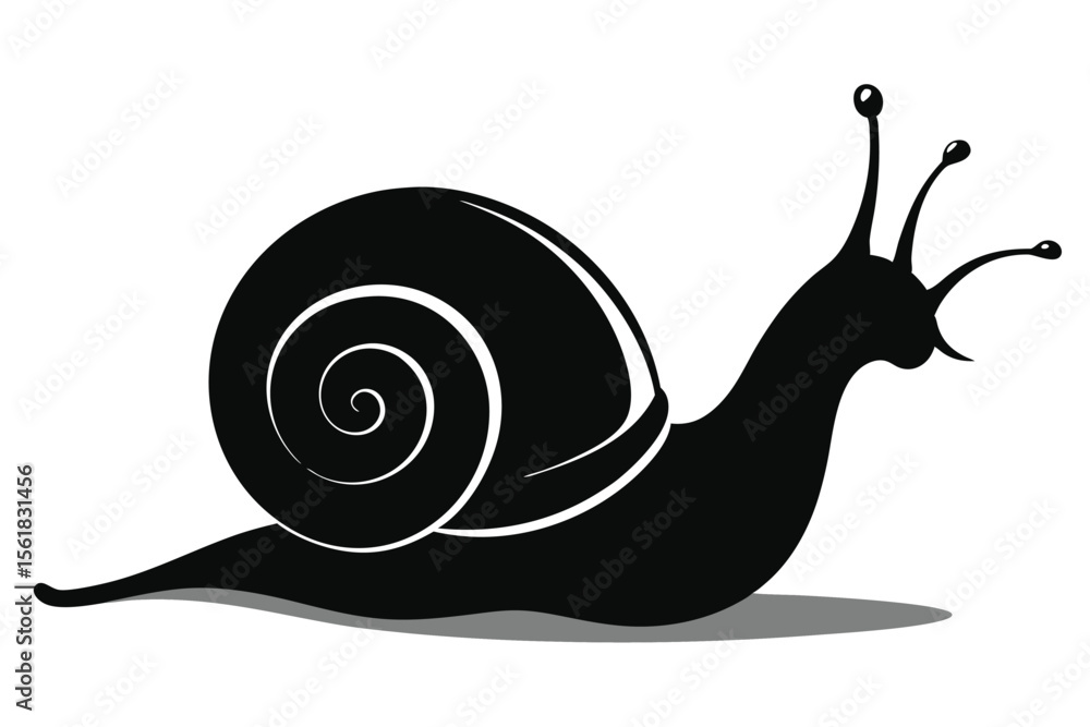 Poster silhouette of a black snail with artistic swirls and tentacles on a white background and transparenc
