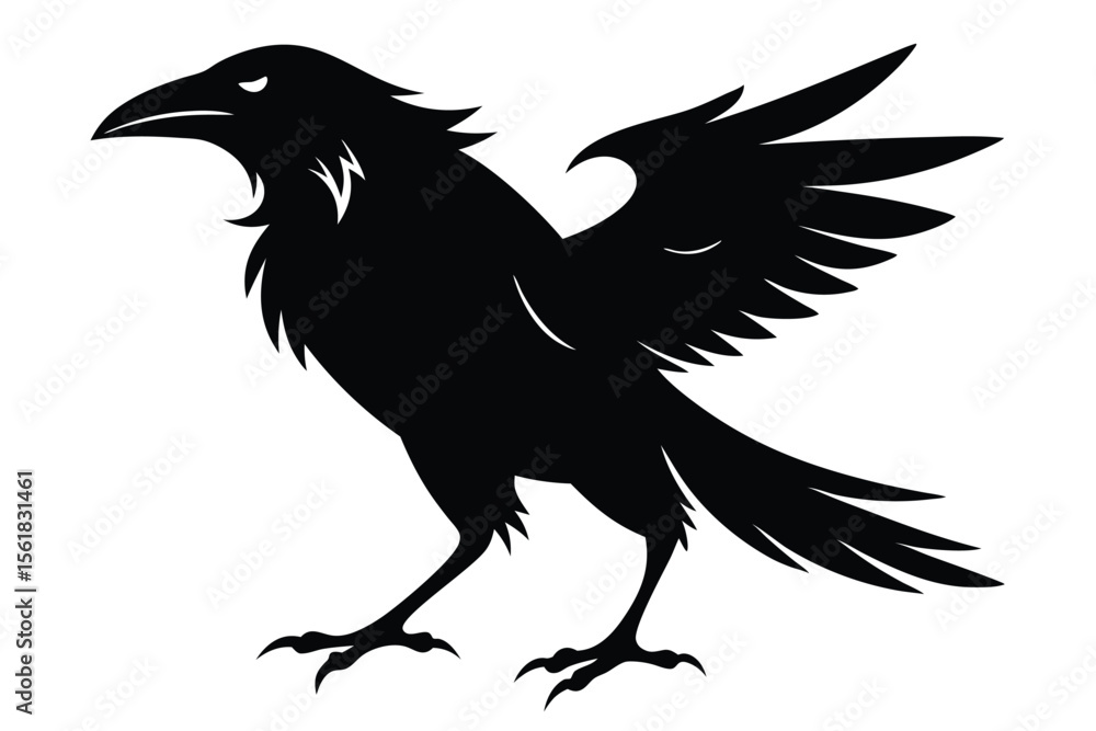Poster silhouette of a crow with spread wings in a dynamic pose on a white background.