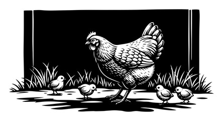 Hen with chicks vector illustration – mother chicken leading fluffy babies through grass on sunny barnyard © Luka