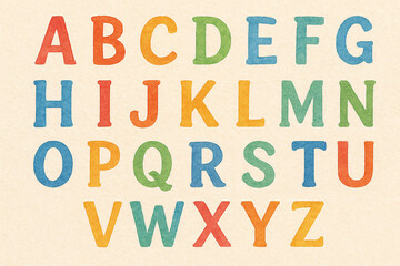 A full uppercase alphabet illustrated in a cheerful watercolor style, with each letter rendered in a distinct, vibrant color. 