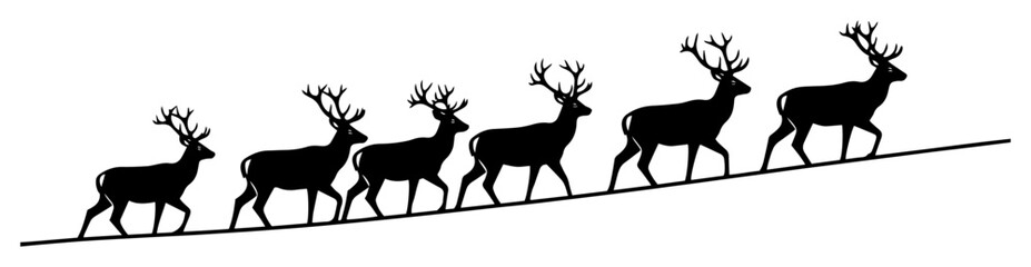 Reindeer herd silhouette vector – line of walking deer with antlers crossing snowy tundra horizon