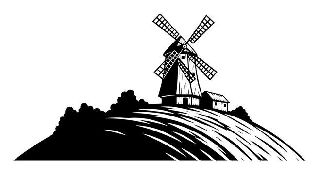 Hilltop windmill vector engraving &ndash; historic mill with sails turning on grassy ridge against sky