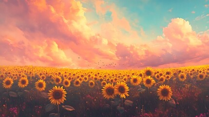 Stunning Sunflower Field with Dramatic Sky at Sunset in Rural Countryside Landscape