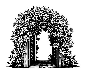blooming garden arch with detailed flowers and wooden frame, black and white vector illustration