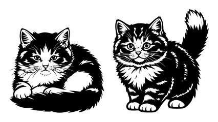 Obraz premium Cute kittens vector illustration – pair of fluffy tabby cats sitting together with big curious eyes, adorable pet duo drawing