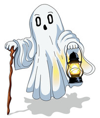 Cartoon Ghost with Vintage Oil Lantern and Wooden Staff Isolated Vector Art
