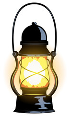Vintage Kerosene Lamp Or Oil Lantern - Cartoon Retro Portable Equipment Vector Graphic