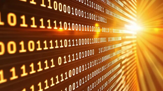 A cascade of binary code (0s and 1s) with a warm, glowing light effect, symbolizing digital information and technology.