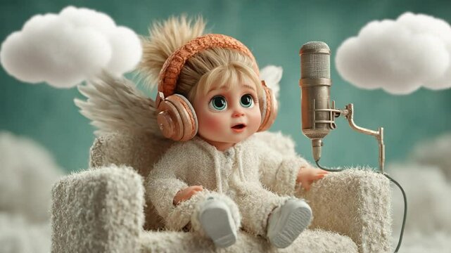 Charming Baby Angel Cartoon Character Sits on Cloud Couch Wearing Headphones with Microphone