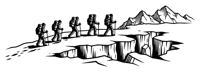 Fototapeta premium Hiking adventure vector illustration – group of backpackers trekking along cliff edge toward snowy mountains, exploration and teamwork concept