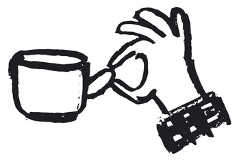 Hand draw la dolce vita breakfast doodle. Vector illustration hand hold coffee cup icon in chalk, charcoal drawing style. Minimalist line art. Illustration for invitations, menus design, social media.