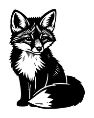 adorable fox sitting calmly in black and white woodcut vector style