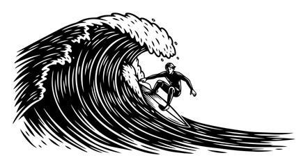 surfing wave with rider – black and white vintage vector