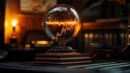 Ornate glass sphere displaying glowing wave patterns, illuminated by warm light within a vintage interior.