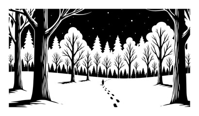 Winter forest night vector illustration – snowy woodland trail with footprints leading through pine trees under starry sky, tranquil monochrome landscape © Luka
