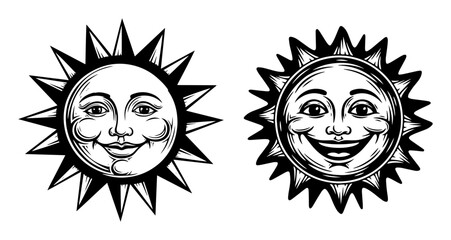 two vintage sun faces with human expressions in black and white vector