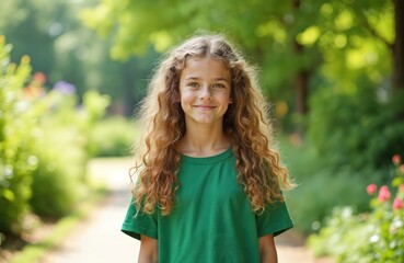 Beautiful teen girl with long curly blond hair in green shirt smiles, stands in summer garden. Pretty young woman with fair skin enjoying outdoor sunny day. Portrait of cute, attractive female.