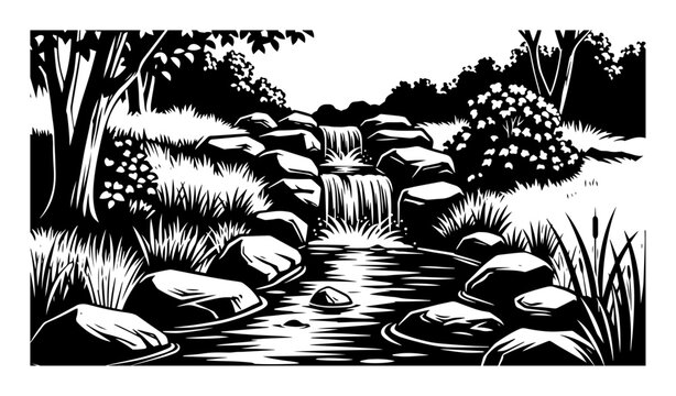 forest stream with waterfall and rocks, peaceful nature vector in retro black and white engraving style