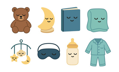 Cozy sleep icons collection: teddy bear, moon, book, blanket, baby mobile, sleep mask, bottle, pajamas