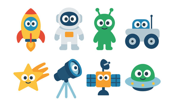 Cute space icons: rocket, astronaut, alien, rover, star, telescope, satellite, ufo