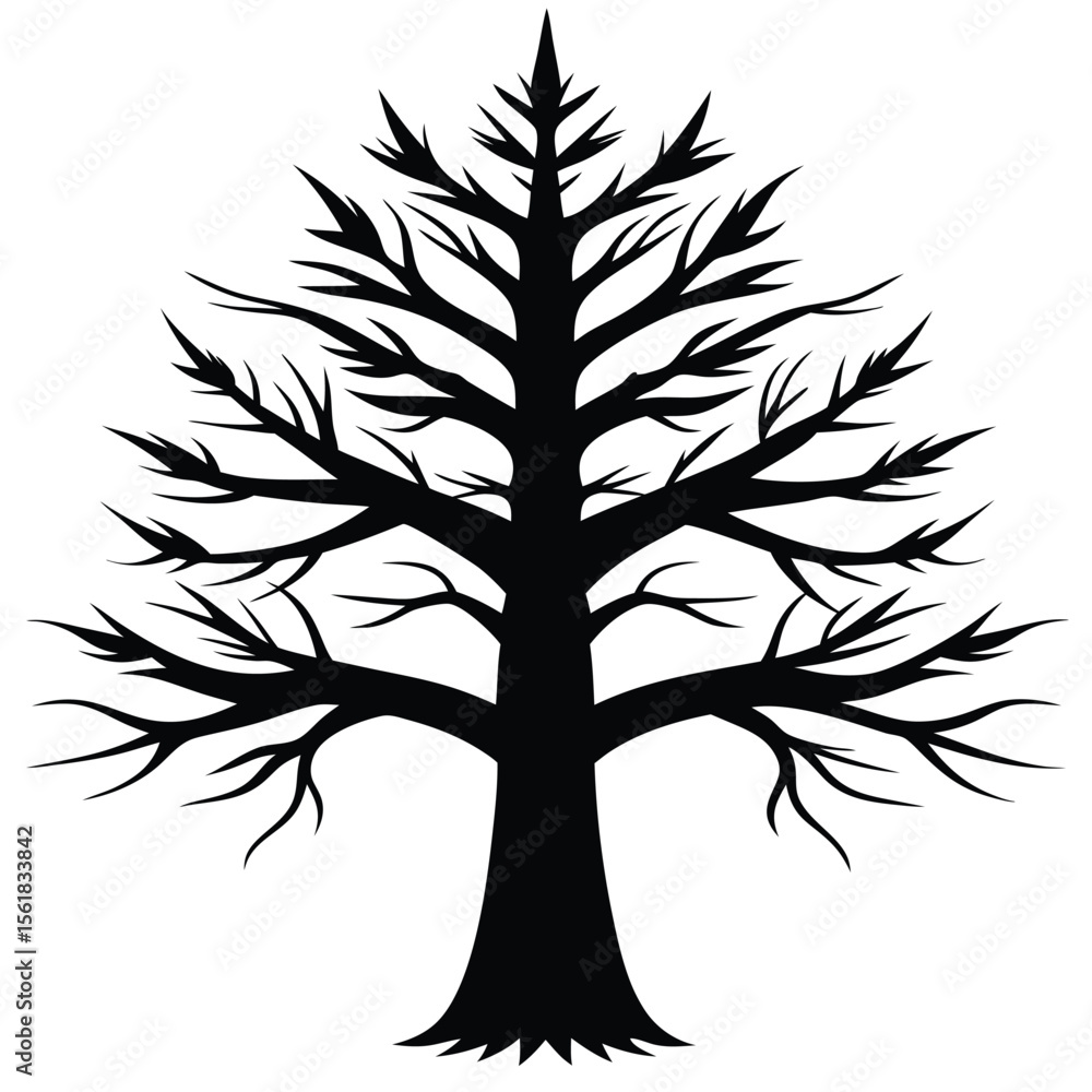 Poster stylized black silhouette of bare tree displaying detailed branching and sharp leaf shapes