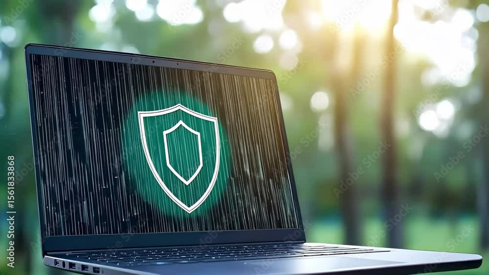 Poster a laptop displaying a digital shield symbol, representing cybersecurity in a nature setting with tre