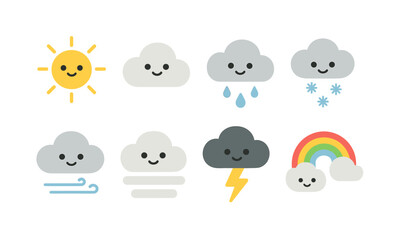 Cute weather icons set featuring sun, clouds, rain, snow, wind, fog, lightning, and rainbow