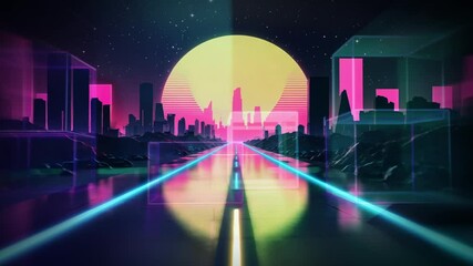 Pulsing neon highway animating glowing wireframe cubes and neon lines toward city skyline under sun - Powered by Adobe