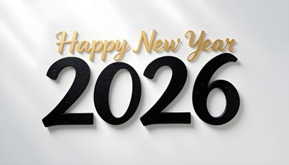 Minimal calligraphy “Happy New Year 2026” in black and gold, white background with soft shadows, classy and refined greeting layout