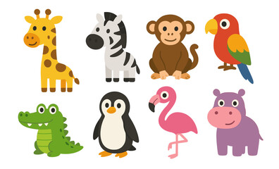 Cute cartoon safari animals: giraffe, zebra, monkey, parrot, crocodile, penguin, flamingo, hippo