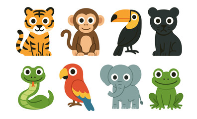 Colorful cartoon jungle animals featuring tiger, monkey, toucan, panther