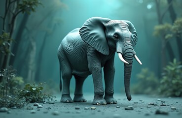 Fototapeta premium Majestic elephant stands in serene forest habitat. Animal represents wild life, safari journey, zoo visit. Fauna, nature, environment, conservation, eco-tourism concepts.