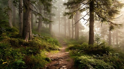 Obraz premium Sunlit path in a misty forest .